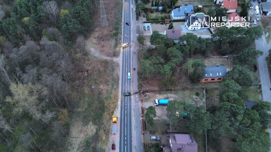 Na drodze pojazdy służb ratunkowych oraz samochody osobowe, w tle las i zabudowa mieszkalna.