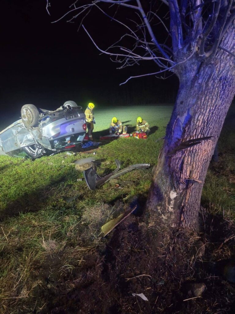 Ratownicy medyczni udzielają pomocy poszkodowanemu przy przewróconym samochodzie obok drzewa w nocy.