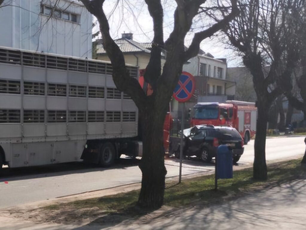 Czarny samochód osobowy z uszkodzoną tylną częścią stoi obok ciężarówki transportowej, a w tle widać wóz strażacki.