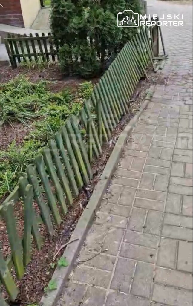 Zniszczone drewniane ogrodzenie wzdłuż chodnika, obok zarośli i zadbanego terenu zielonego.