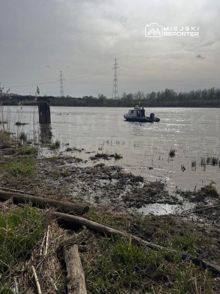 Mała łódź motorowa przemieszcza się po rzece, w tle widoczne słupy energetyczne i zarośla.