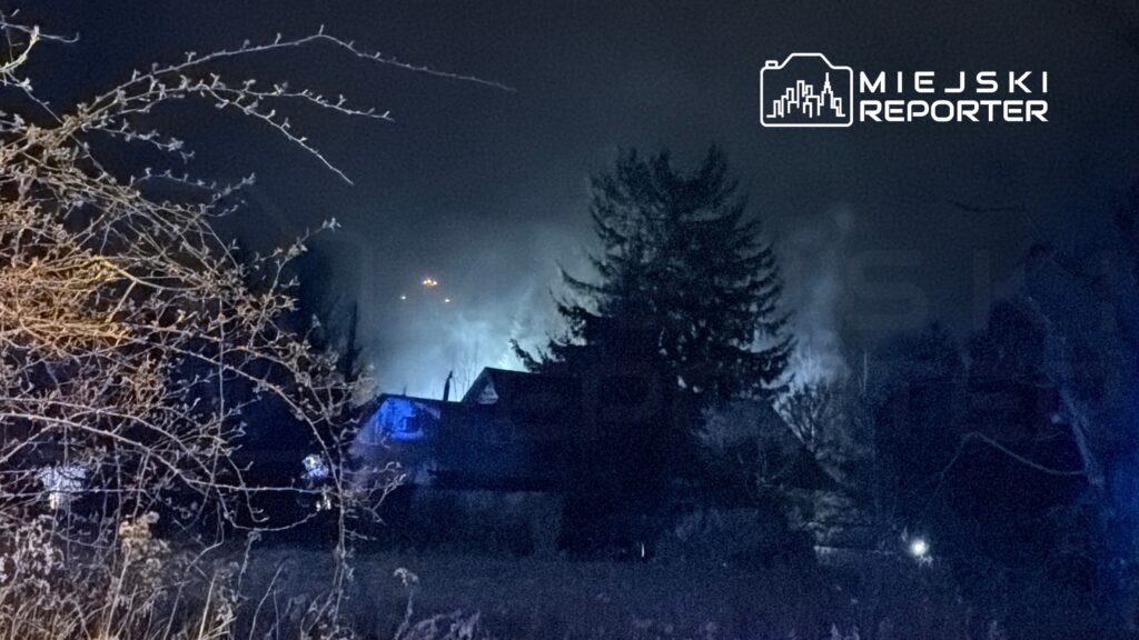 Zamglony krajobraz nocny z ciemnym domem i drzewami, w tle widoczne niebieskie światła.