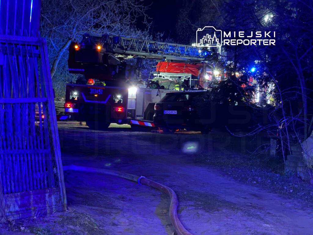 W nocy widać woz strażacki z drabiną oraz policyjny samochód, oświetlone niebieskimi światłami, w otoczeniu drzew.