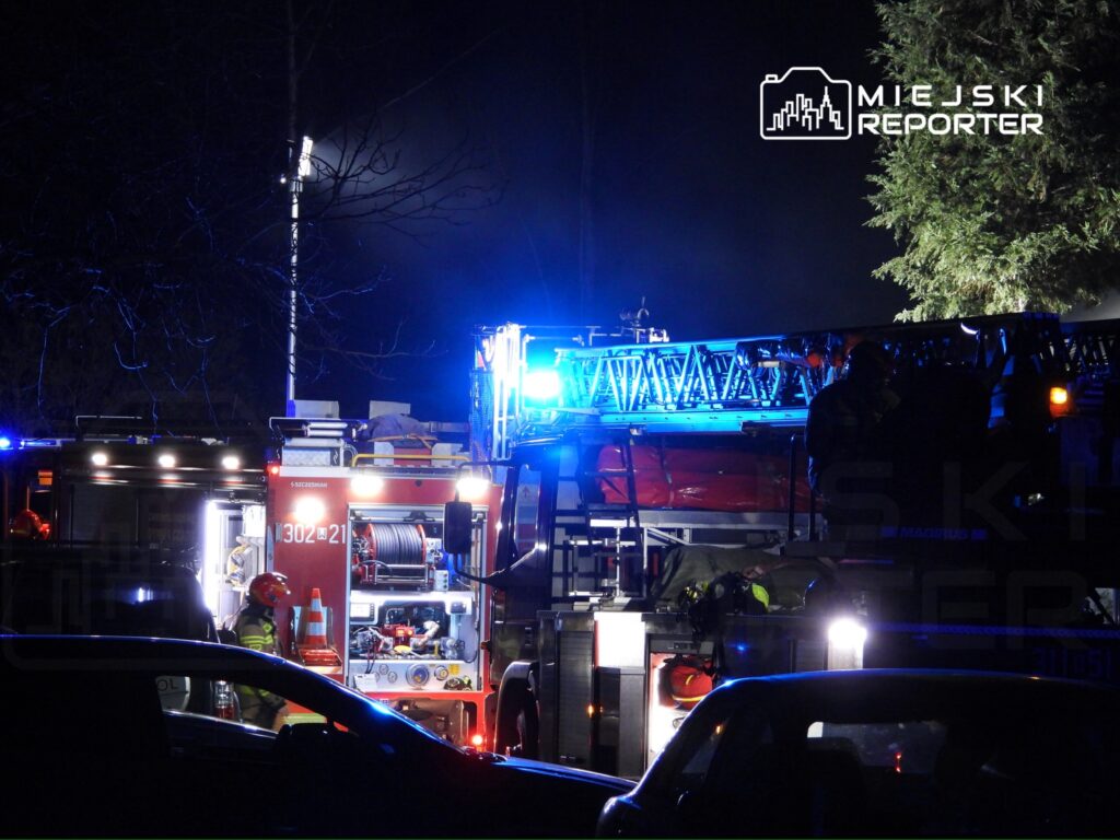 Strażacy przy wozie strażackim, oświetleni niebieskimi sygnalizacjami, przygotowują się do akcji ratunkowej w nocy.