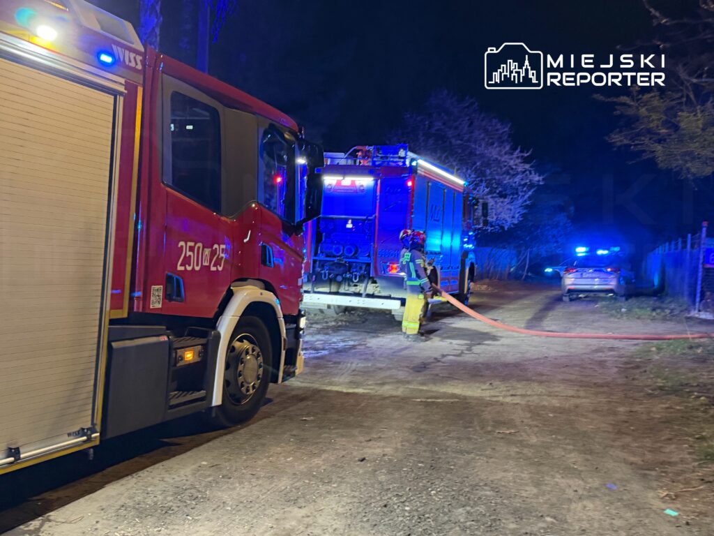 Strażak w mundurze podłącza wąż gaśniczy do niebieskiego wozu strażackiego na oświetlonej nocą drodze.