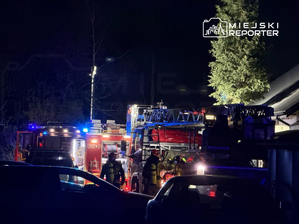 Strażacy w mundurach pracują przy wozach strażackich z włączonymi sygnałami świetlnymi w ciemnej okolicy.