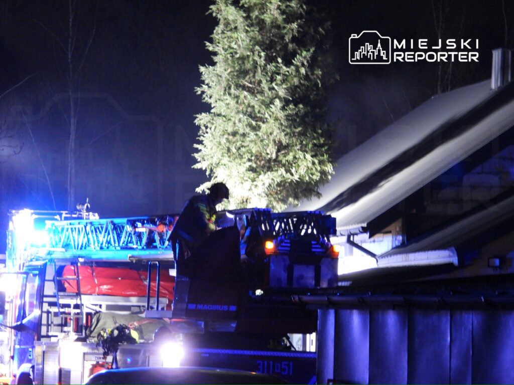 Strażak na drabinie gaśniczej przeszukuje dach budynku w nocy, otoczony niebieskim światłem sygnalizacyjnym.