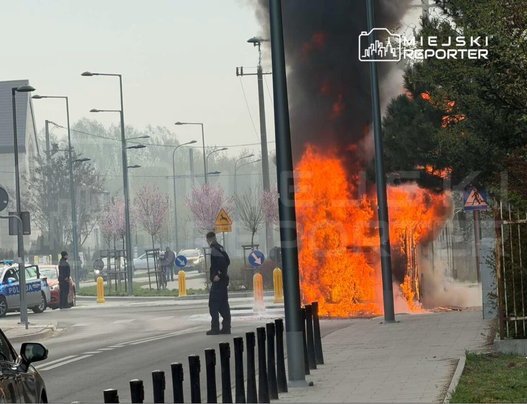 Pojazd płonący na poboczu drogi, obok stojący policjant oraz dym unoszący się w powietrzu.