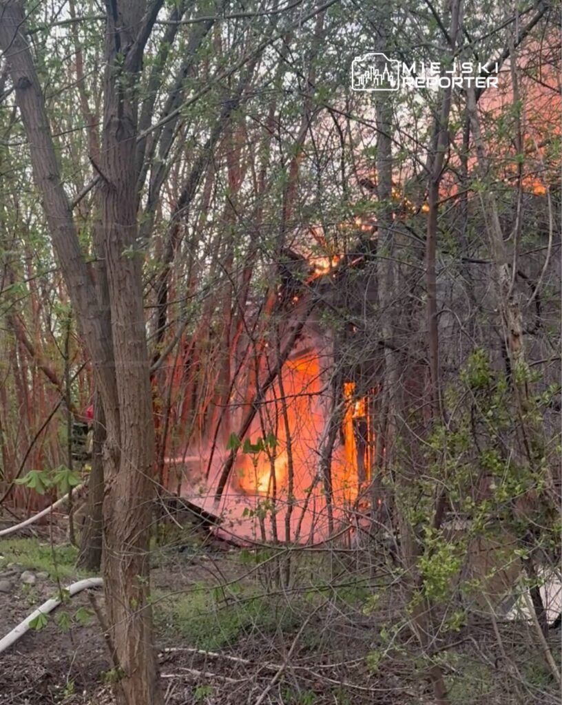 Płonąca konstrukcja otoczona drzewami w lesie, z wydobywającym się ogniem i dymem.