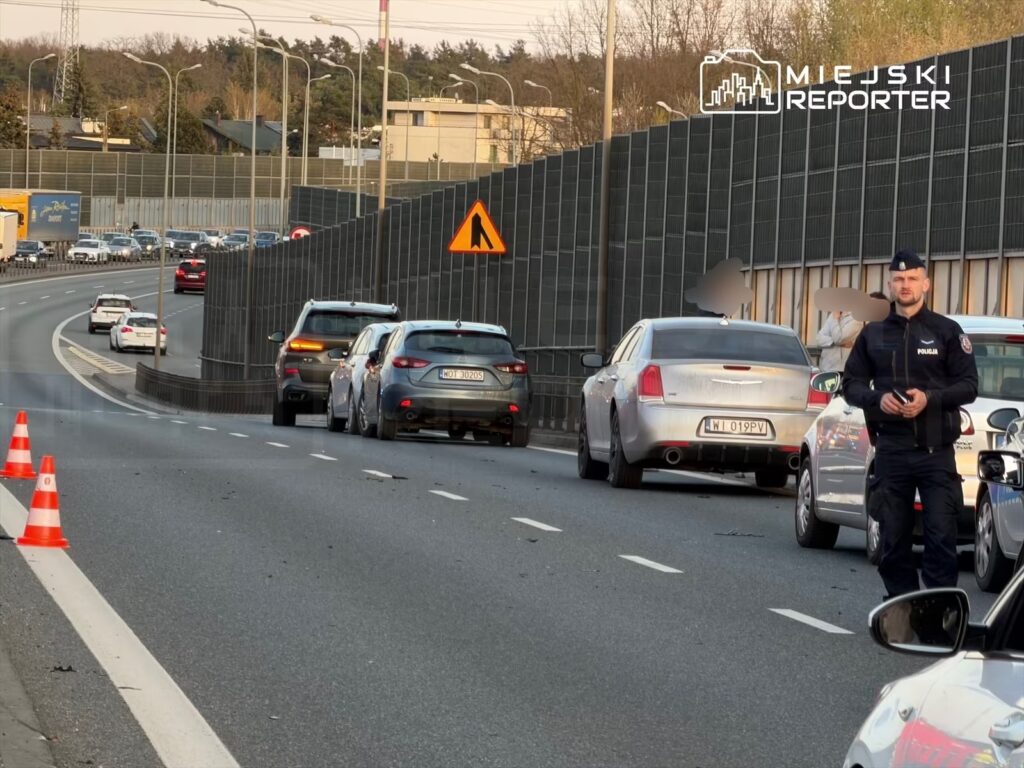 Policjant w mundurze stoi obok zablokowanej drogi, gdzie kilka samochodów czeka w korku. W tle widoczne są znaki drogowe.