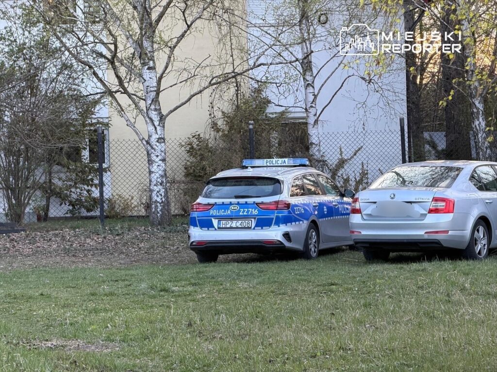 Nieoznakowany radiowóz policyjny zaparkowany na trawie obok szarego samochodu, w tle drzewa i budynek mieszkalny.