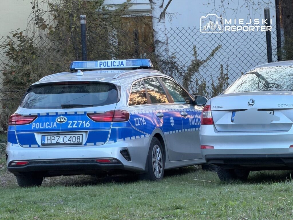 Policyjny samochód osobowy z niebieskimi oznaczeniami zaparkowany obok białego auta na trawie, w tle siatka.