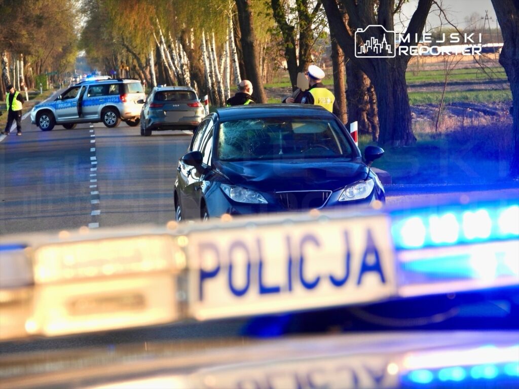 Policjanci kierują ruchem na drodze, obok stoi uszkodzony samochód oraz radiowóz z włączonymi sygnałami.