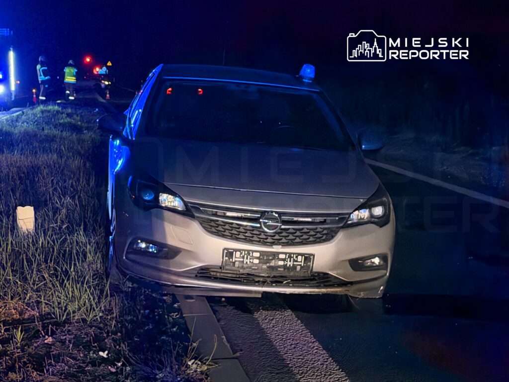 Samochód osobowy zaparkowany na poboczu drogi, w tle widoczni ratownicy w odblaskowych kamizelkach.