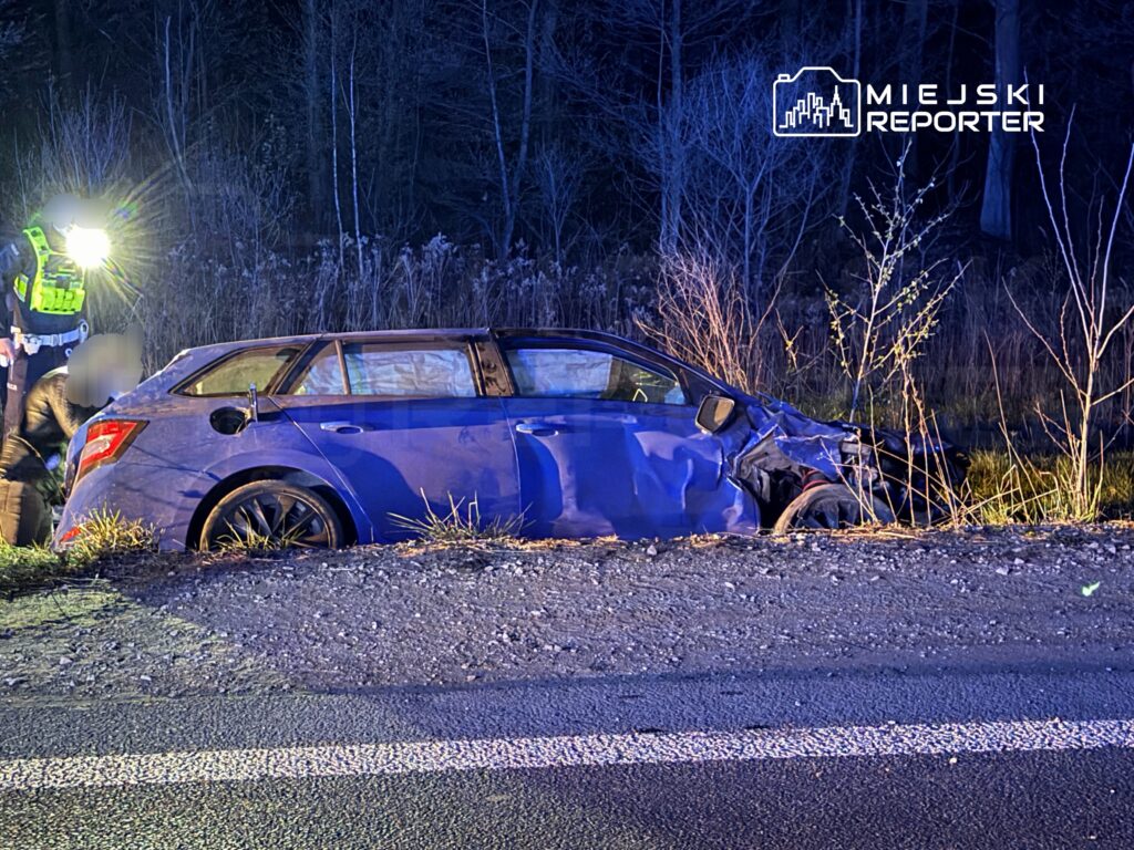 Policjant z latarką bada uszkodzony niebieski samochód osobowy na poboczu drogi w lesistym terenie.