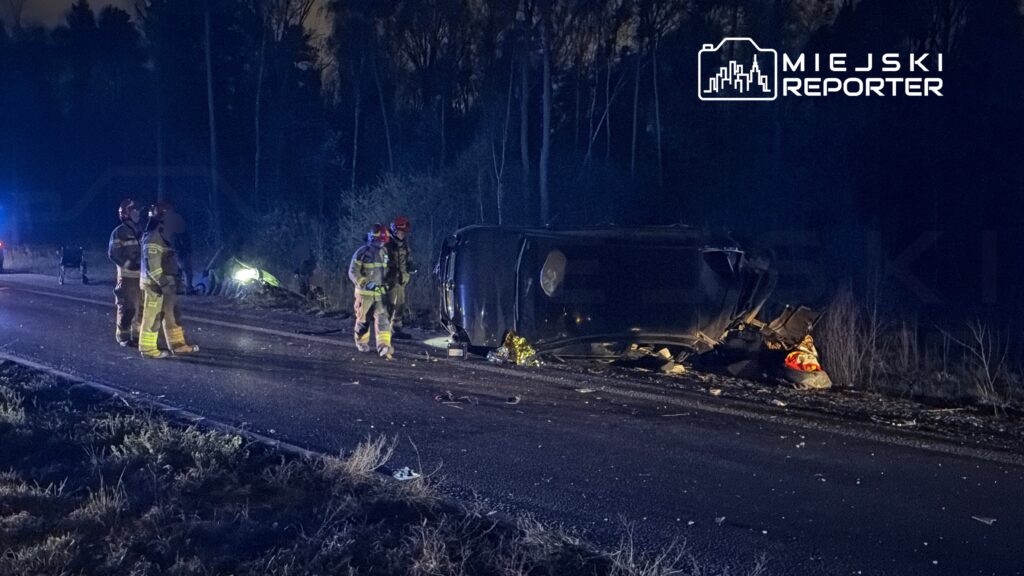 Grupa strażaków bada przewrócony samochód na poboczu drogi, otoczeni przez ciemny las.