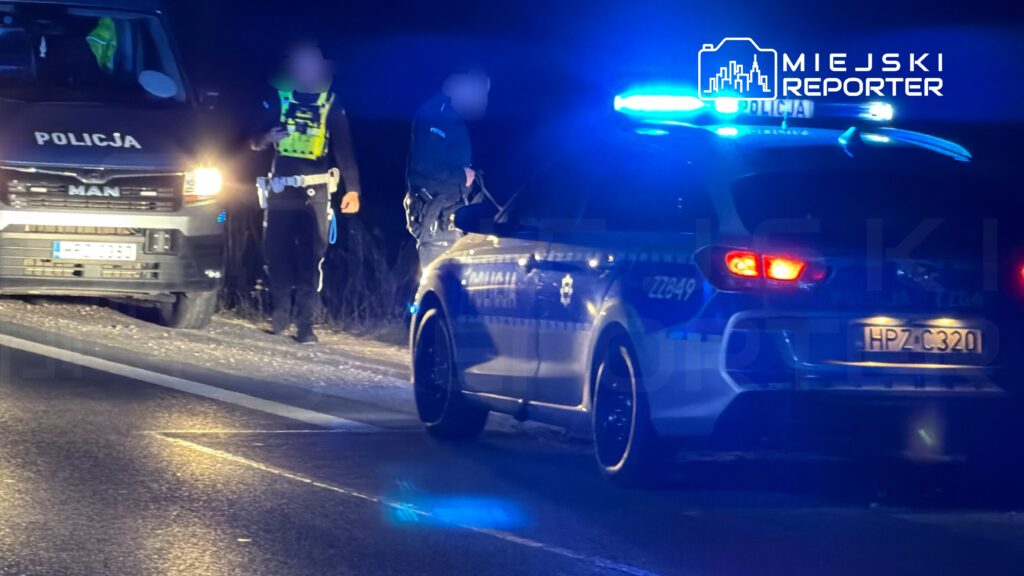 Policjanci w mundurach prowadzą interwencję obok radiowozu na oświetlonej drodze.