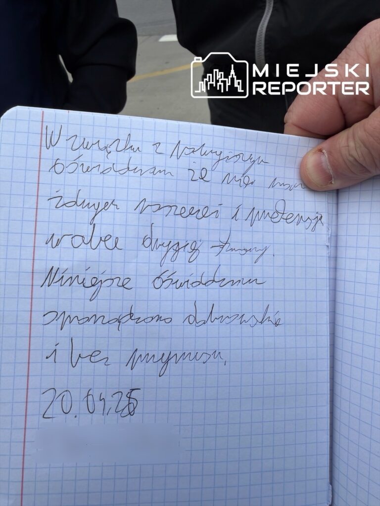 Ręcznie napisany tekst w zeszycie, z datą 20.04.25, zawierający informacje o wydarzeniu i prośbę o wsparcie.