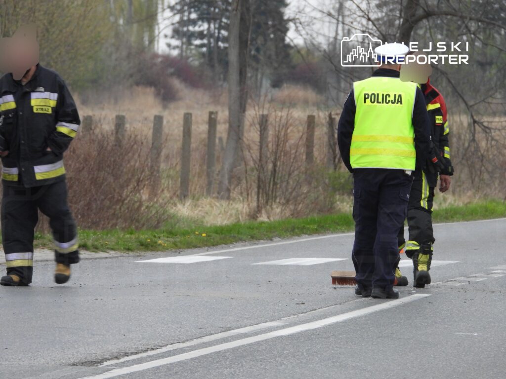 Policjant i strażak rozmawiają na poboczu drogi, obok leży miotła do sprzątania. W tle widać zarośla.