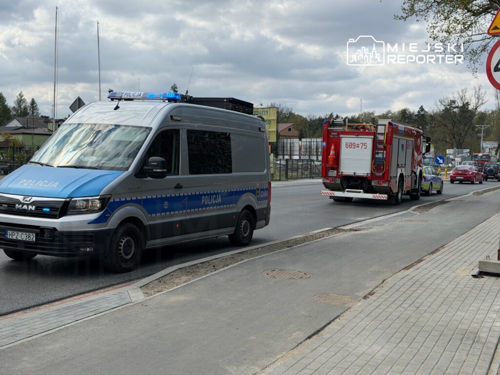 Policyjny radiowóz z włączonymi sygnałami świetlnymi stoi na poboczu, obok jedzie wóz strażacki.