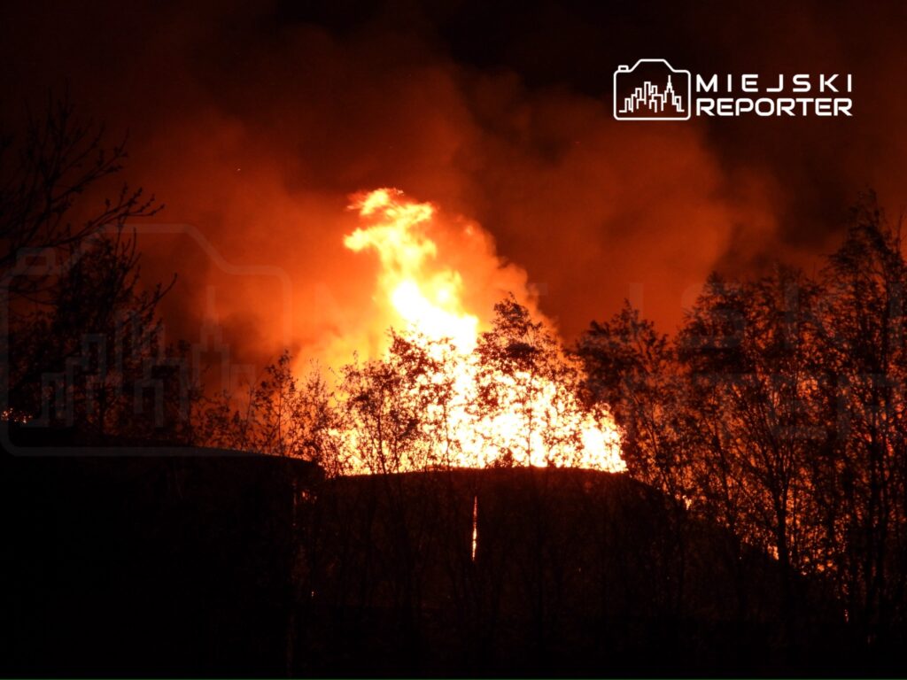 Intensywne płomienie wydobywające się z budynku, otoczone drzewami w mrocznym otoczeniu nocnym.