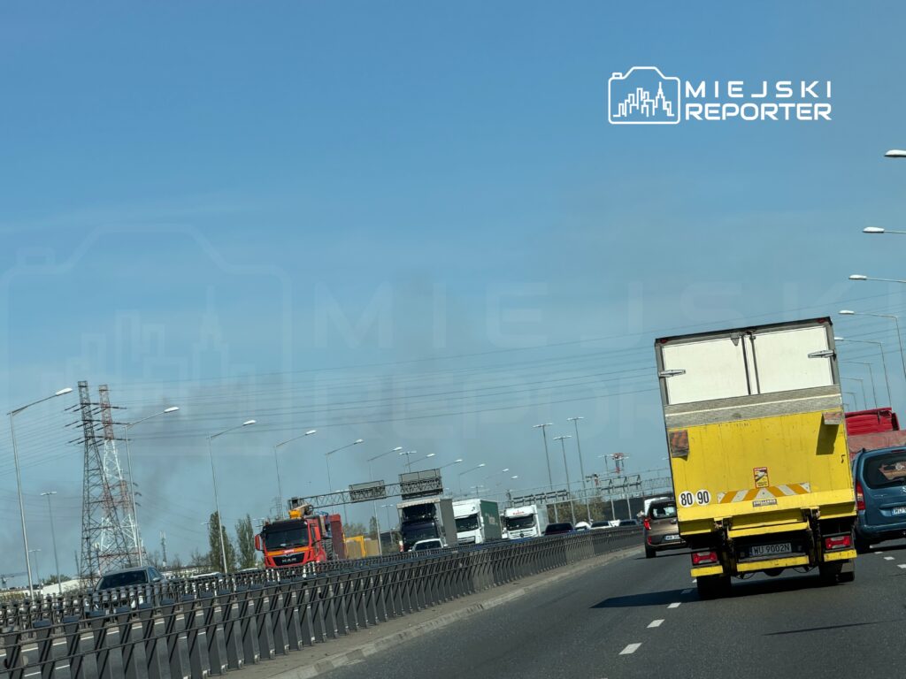Ciężarówki i samochody osobowe poruszają się po ruchliwej drodze, w tle widoczna linia wysokiego napięcia.