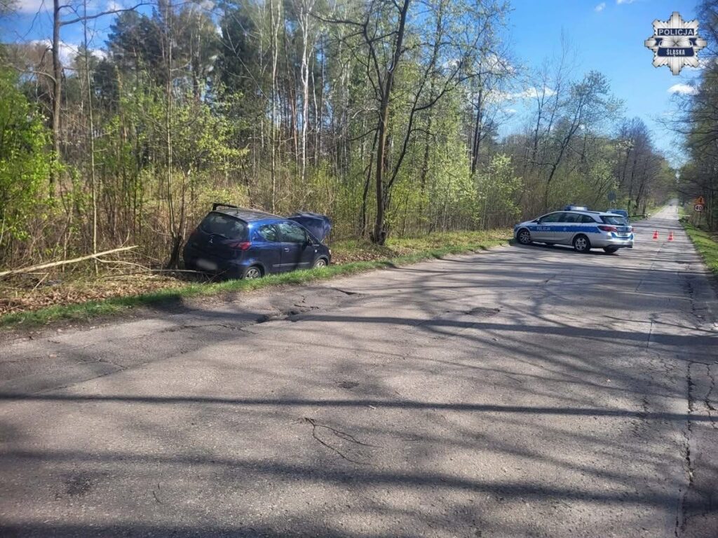 Nieoznakowany niebieski samochód osobowy stoi na poboczu leśnej drogi, obok dwóch radiowozów policyjnych z włączonymi sygnałami.