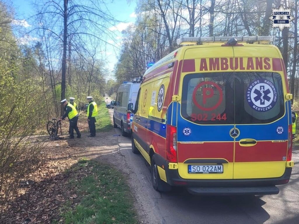Funkcjonariusze policji w żółtych kamizelkach sprawdzają rower na poboczu drogi, obok stoi karetka pogotowia.