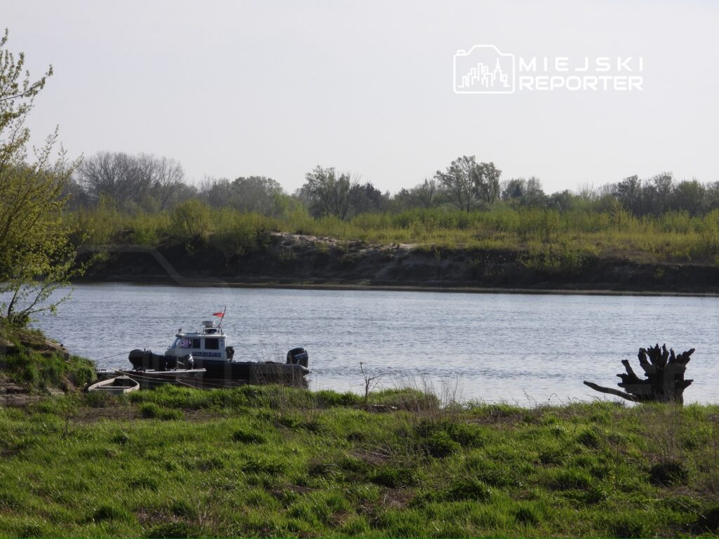 Mała motorówka cumująca przy brzegu rzeki, otoczona zielenią i drzewami w tle.