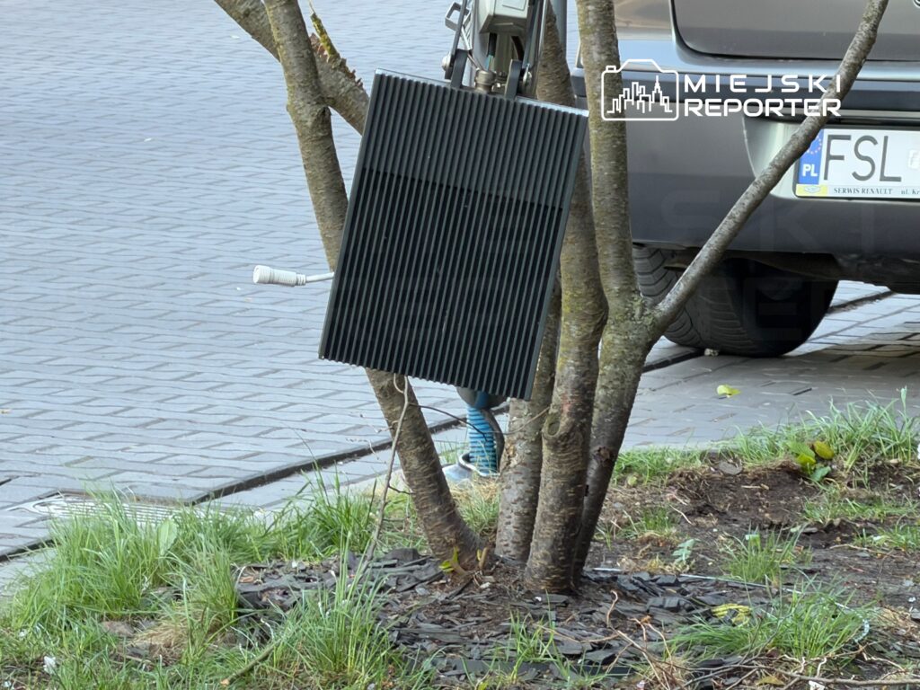 Czarna, prostokątna płyta zamocowana na drzewie obok zaparkowanego samochodu na wyłożonym kostką chodniku.