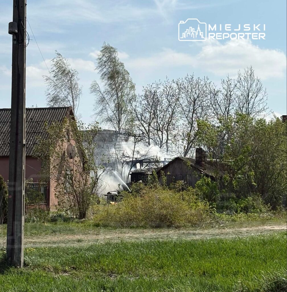 Dym wydobywający się z budynku w otoczeniu drzew i krzewów na wiejskiej działce.