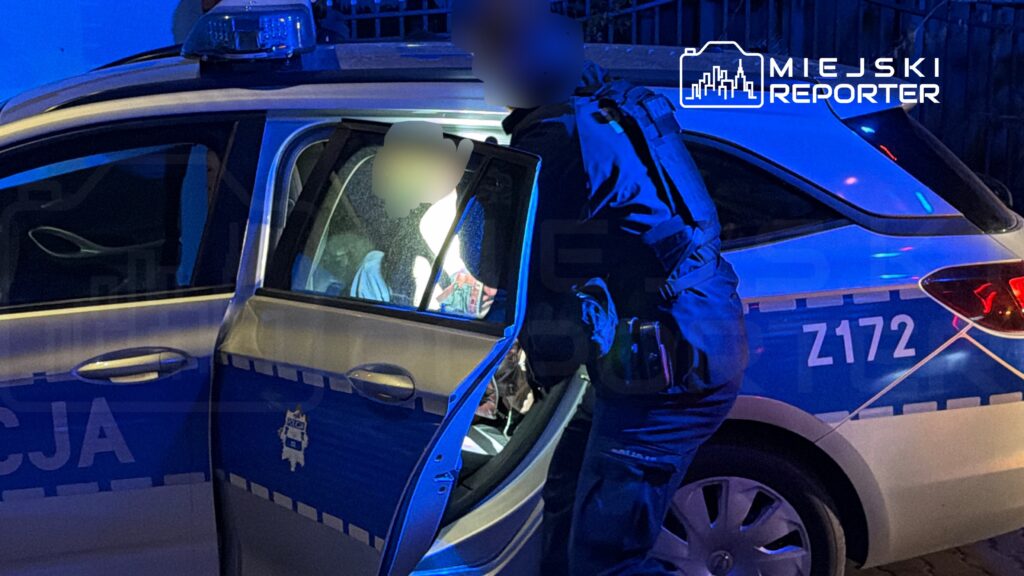 Funkcjonariusz policji rozmawia z osobą siedzącą w radiowozie, oświetlonym niebieskimi światłami.