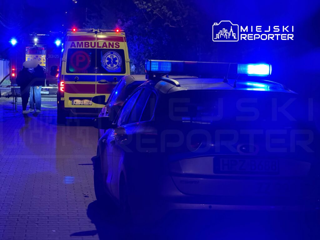 Na ulicy w nocy, karetka z włączonymi sygnałami, obok policjanci rozmawiający z osobą.