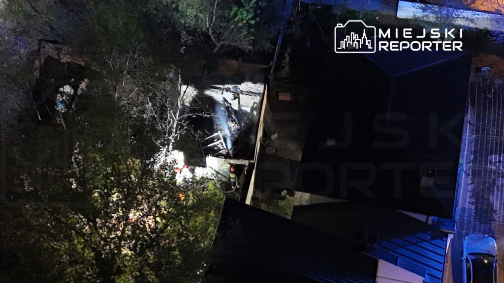 Strażacy gaszą pożar w ogrodzie, otoczeni przez drzewa i niskie zabudowania, w nocy oświetleni reflektorami.