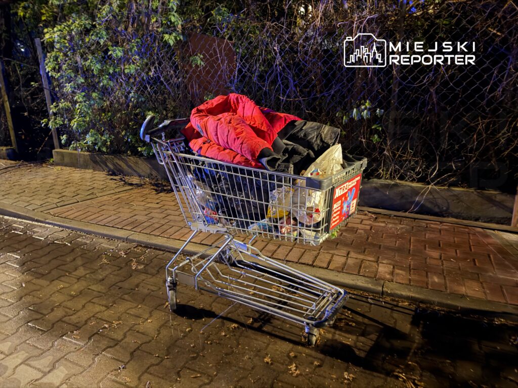 Wózek sklepowy z czerwonym płaszczem i odpadkami stoi na chodniku przy ogrodzeniu, w otoczeniu zieleni.