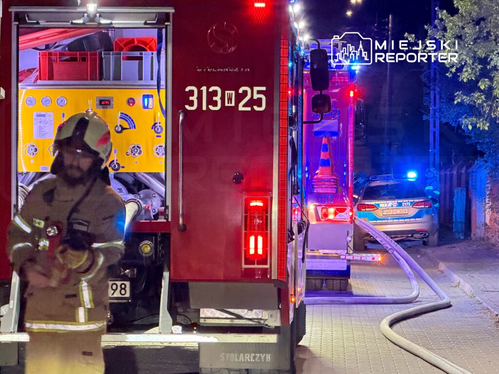 Strażak w hełmie trzymający latarkę obok wozu strażackiego, podczas akcji ratunkowej w nocy, w tle radiowóz policyjny.