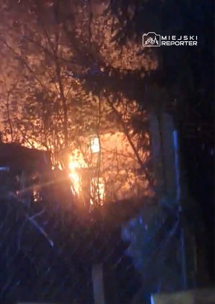 Płomienie wydobywające się z budynku, otoczonego drzewami, w ciemnej nocnej scenerii.