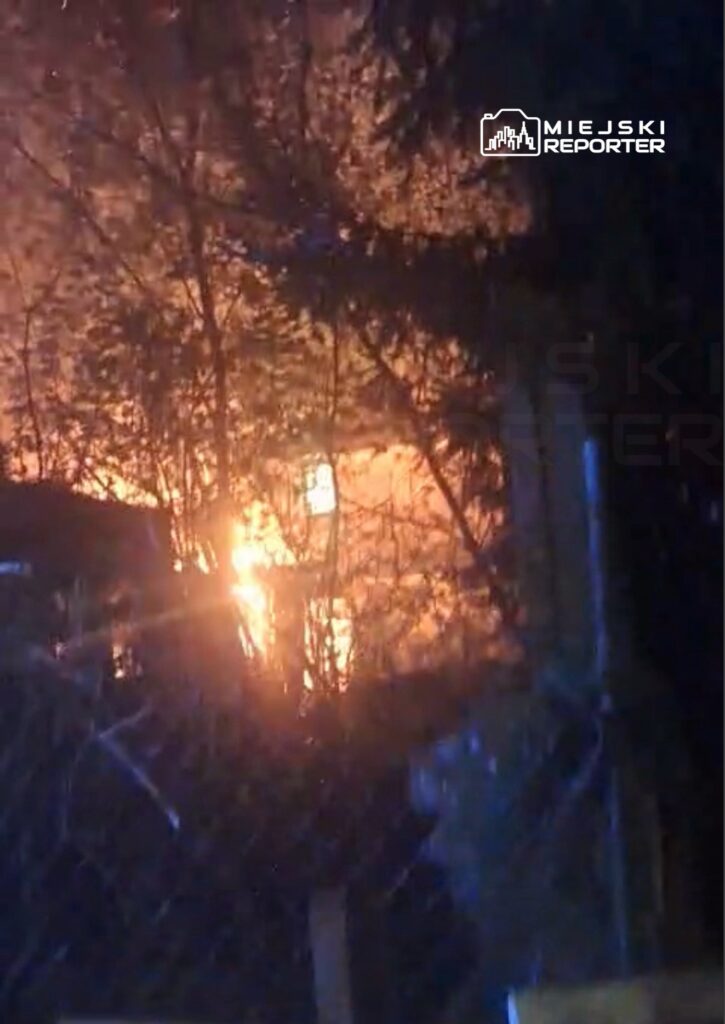 Płonący budynek otoczony przez drzewa, w tle widać jasne płomienie i dym.