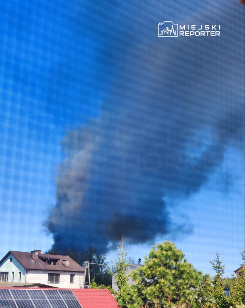 Czarny dym unoszący się nad domami w tle, w słoneczny dzień, z niebieskim niebem i drzewami w otoczeniu.