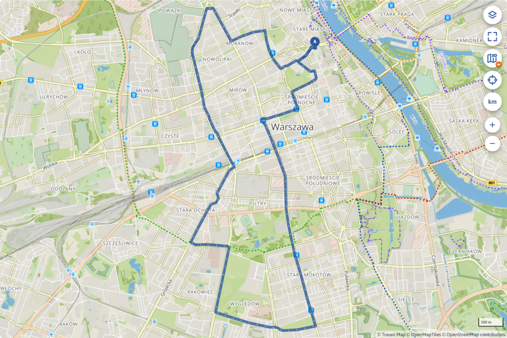 Mapa Warszawy z wyznaczoną trasą wzdłuż głównych ulic i punktów komunikacyjnych.
