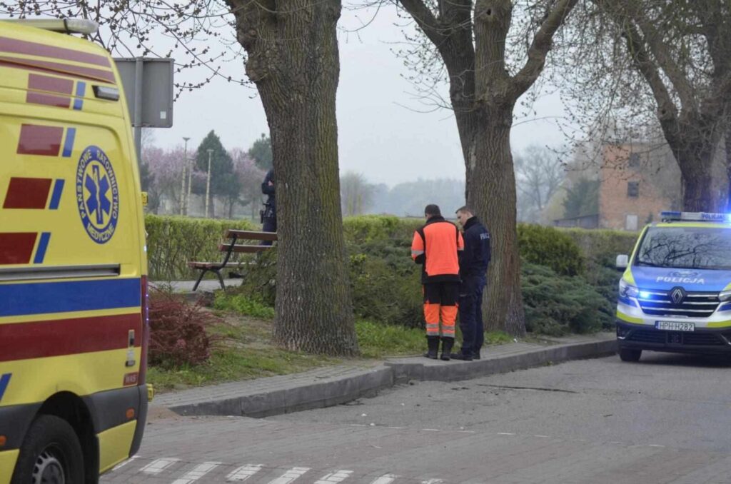 Zespół ratowników medycznych i policjant rozmawiają w parku obok karetki i radiowozu.