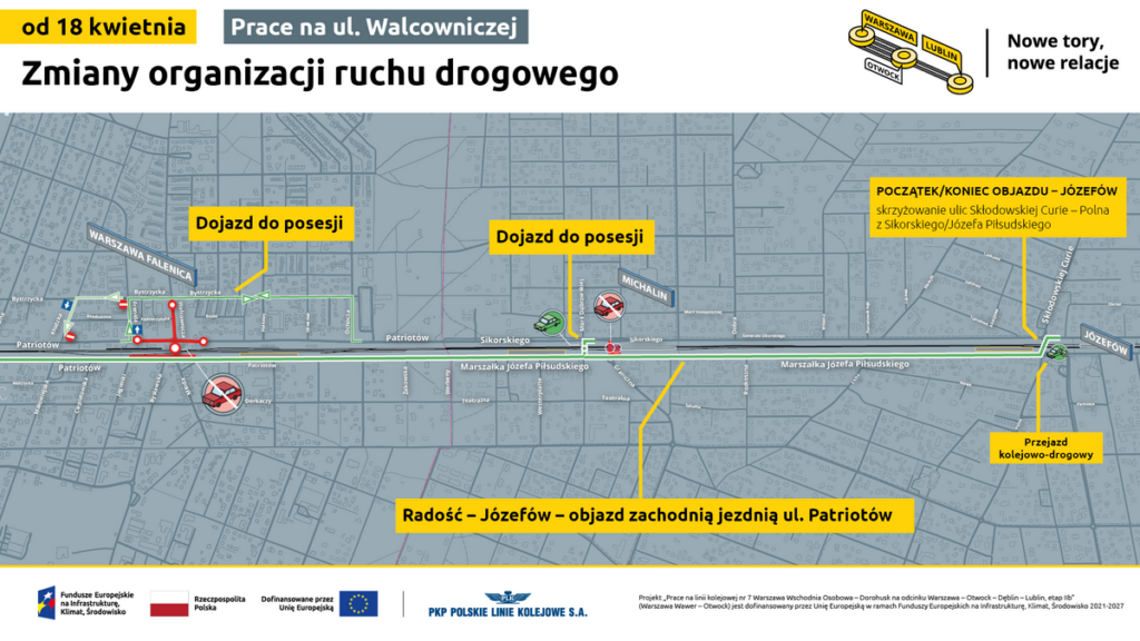 Mapa z informacjami o zmianach organizacji ruchu drogowego na ul. Walcowniczej, z opisem objazdów i dojazdów do posesji.