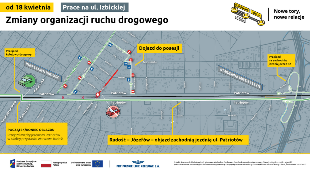 Mapa przedstawiająca zmiany organizacji ruchu drogowego na ul. Izbickiej, z oznaczeniem objazdów i lokalizacji przystanków.