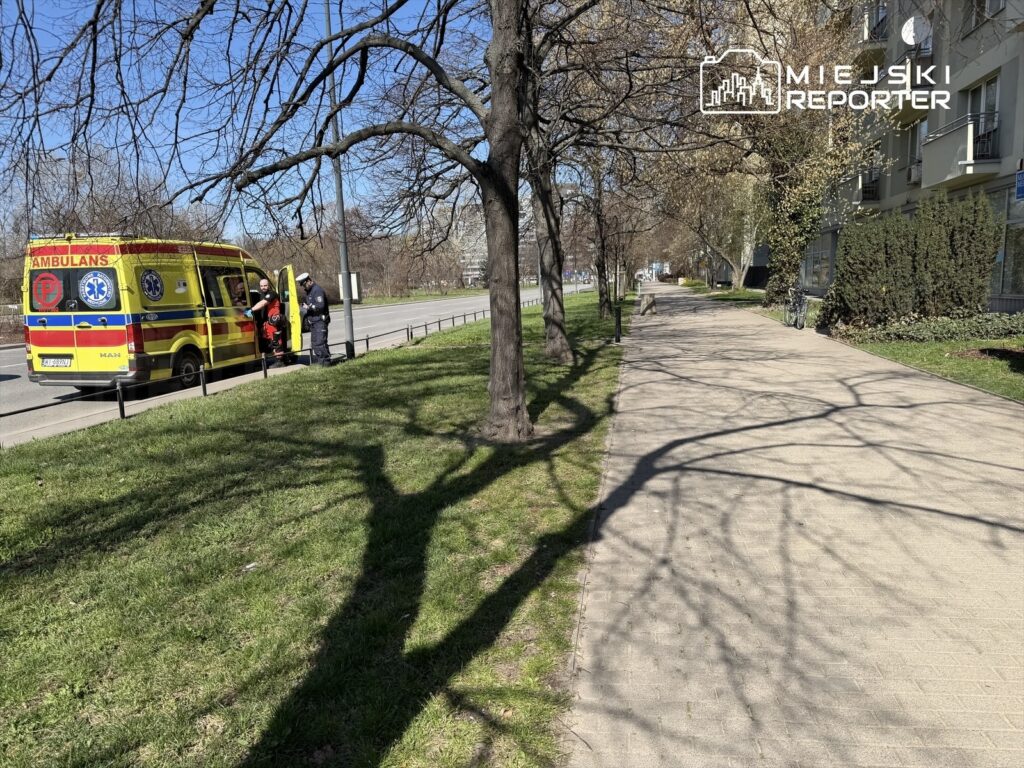 Zespół ratunkowy w mundurach obsługuje ambulans na ulicy obok trawnika w słoneczny dzień.
