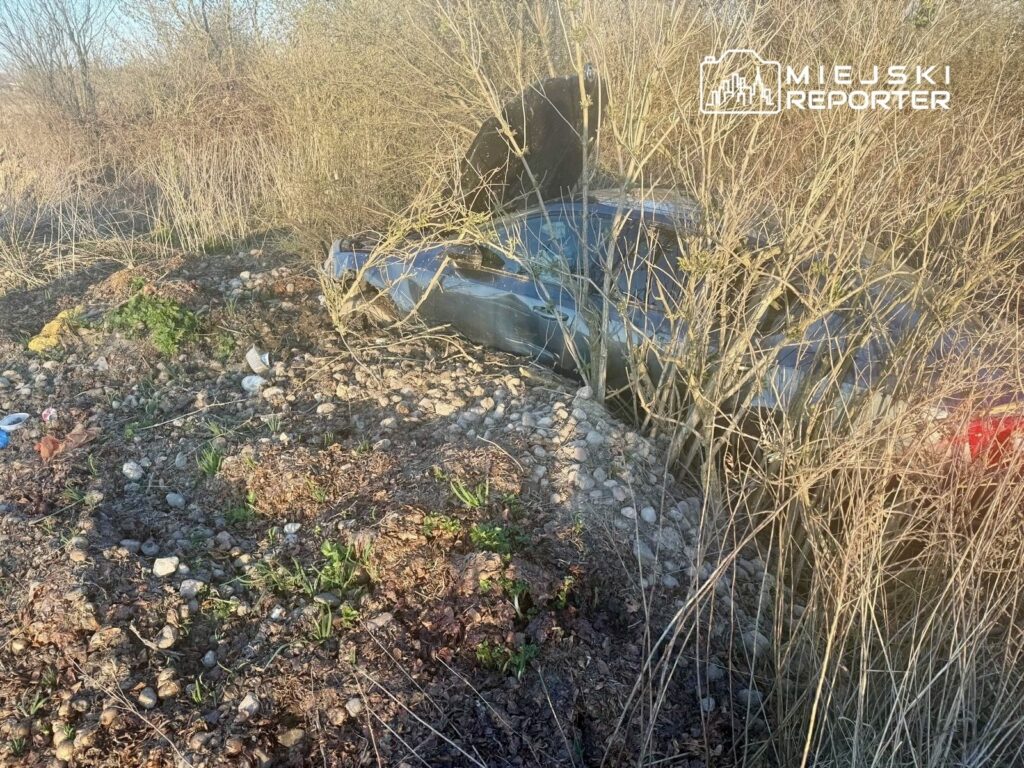 Samochód w kolorze ciemnoniebieskim utknął w zaroślach, otoczony kamieniami i liśćmi.