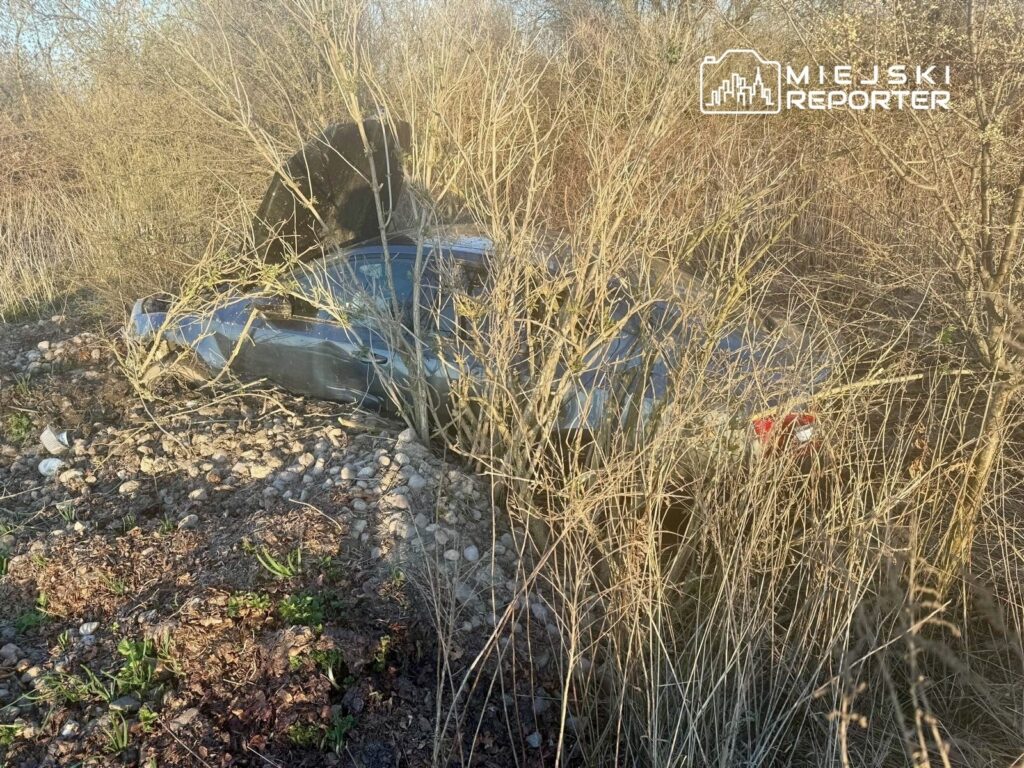 Samochód osobowy utknął w zaroślach, częściowo zasłonięty przez krzewy i kamienie.