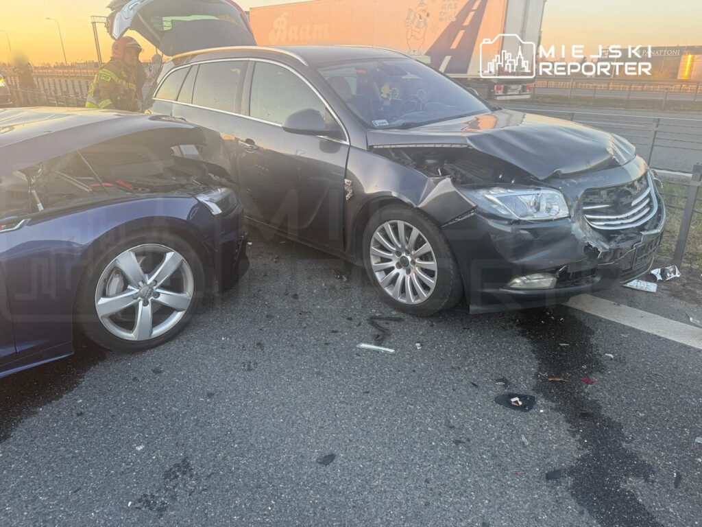 Dwa uszkodzone samochody osobowe stoją na drodze, obok nich interweniujący strażak.