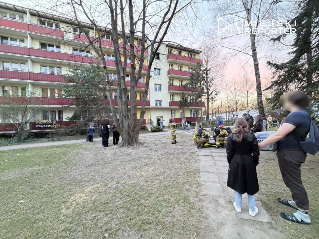 Grupa strażaków w mundurach omawia sytuację na trawniku przed budynkiem mieszkalnym, obok stoją ciekawscy mieszkańcy.