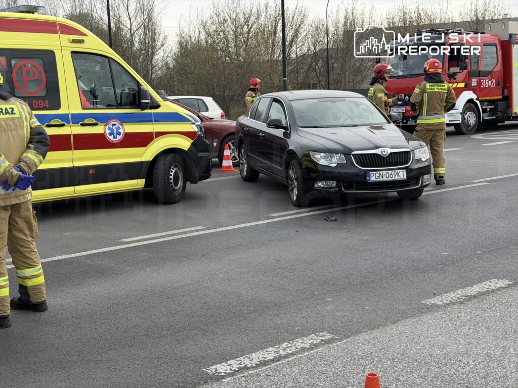 Czarny samochód osobowy stoi na drodze, obok niego pracują strażacy w mundurach i z wężami gaśniczymi.
