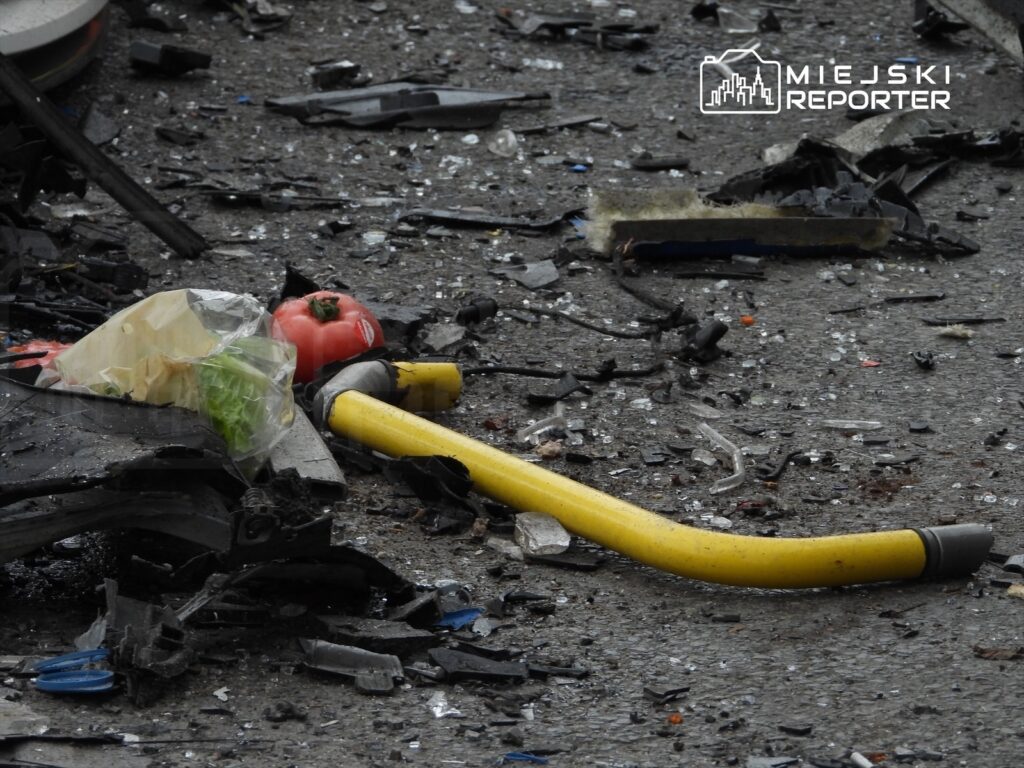 Na zniszczonym podłożu leżą resztki warzyw, w tym pomidor i sałata, obok żółty wąż i fragmenty szkła.